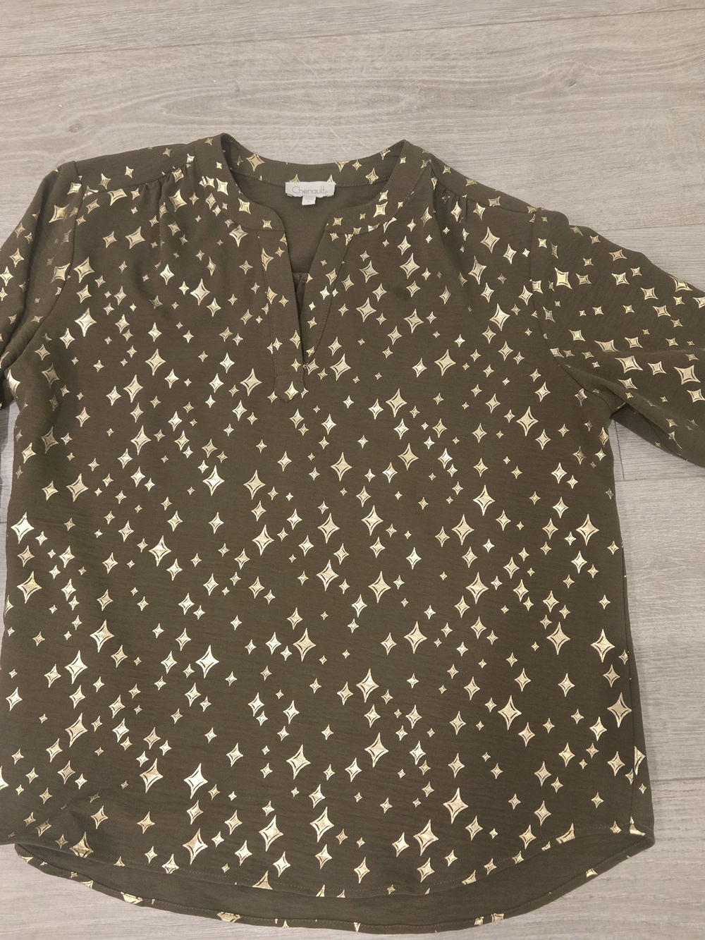 Chenault Olive Green Long Sleeve Top with Gold Star Motif